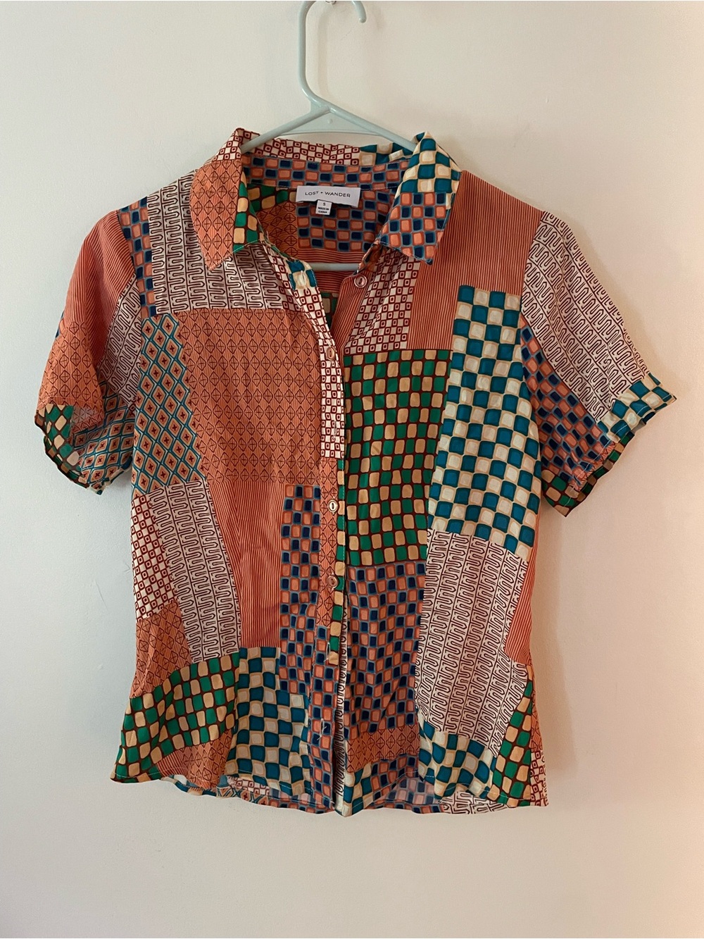 Lost + Wander Short-Sleeve Patchwork Button-Down Top — Rust, Green, Blue, Cream